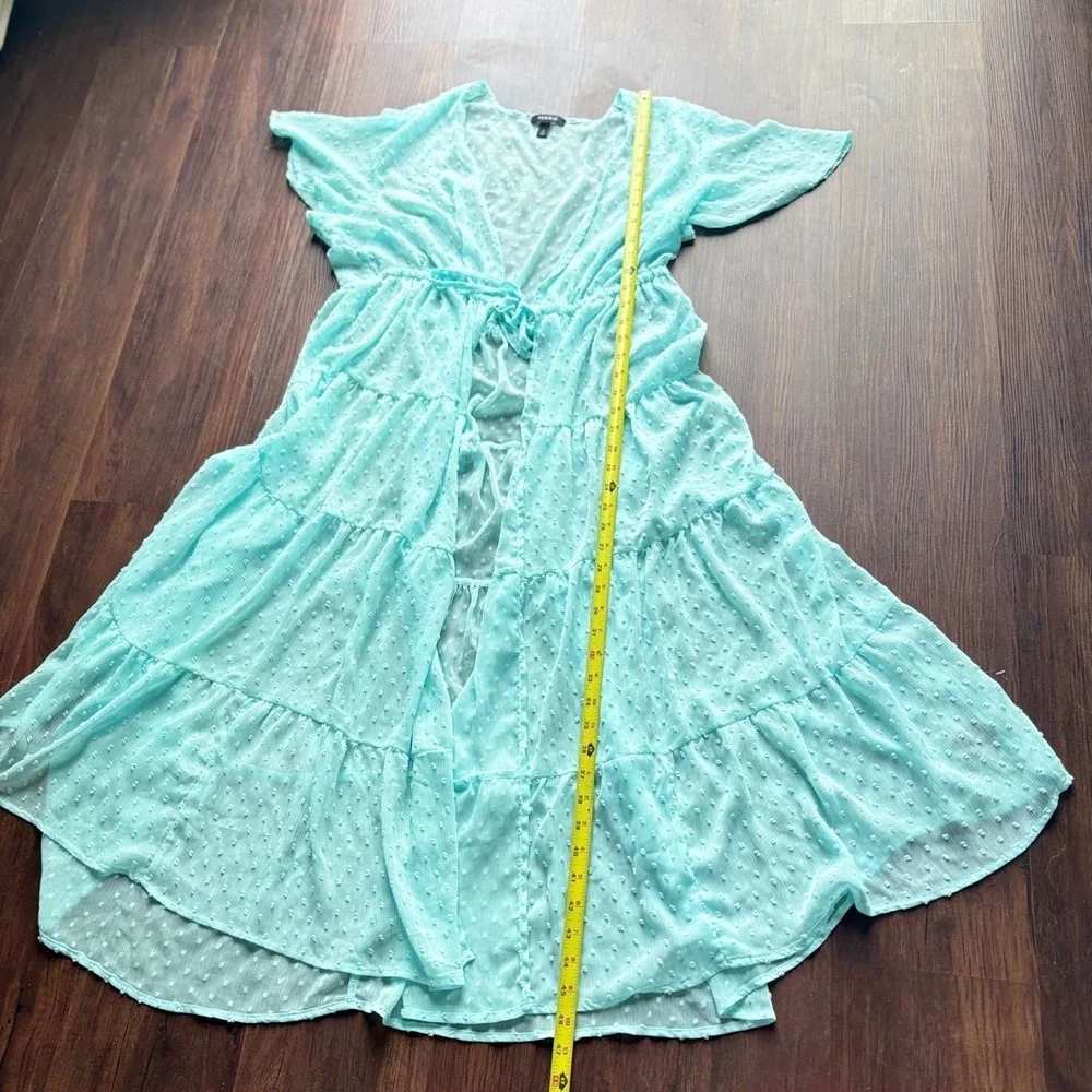 Torrid Fairycore Mint Chiffon Clip Dot Maxi Dress Deep V Flutter Sleeve 2X Aqua